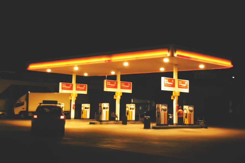 Completed fuel station illuminated at night